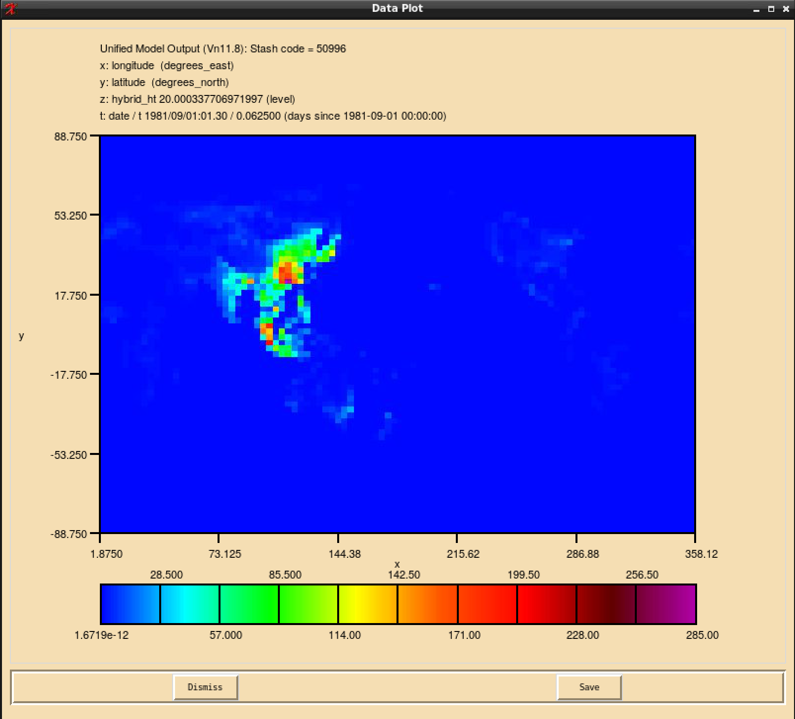 ALICE + OH → BOB + Sec_Org (s50i996) reaction flux (mol/s) at the surface (20m)