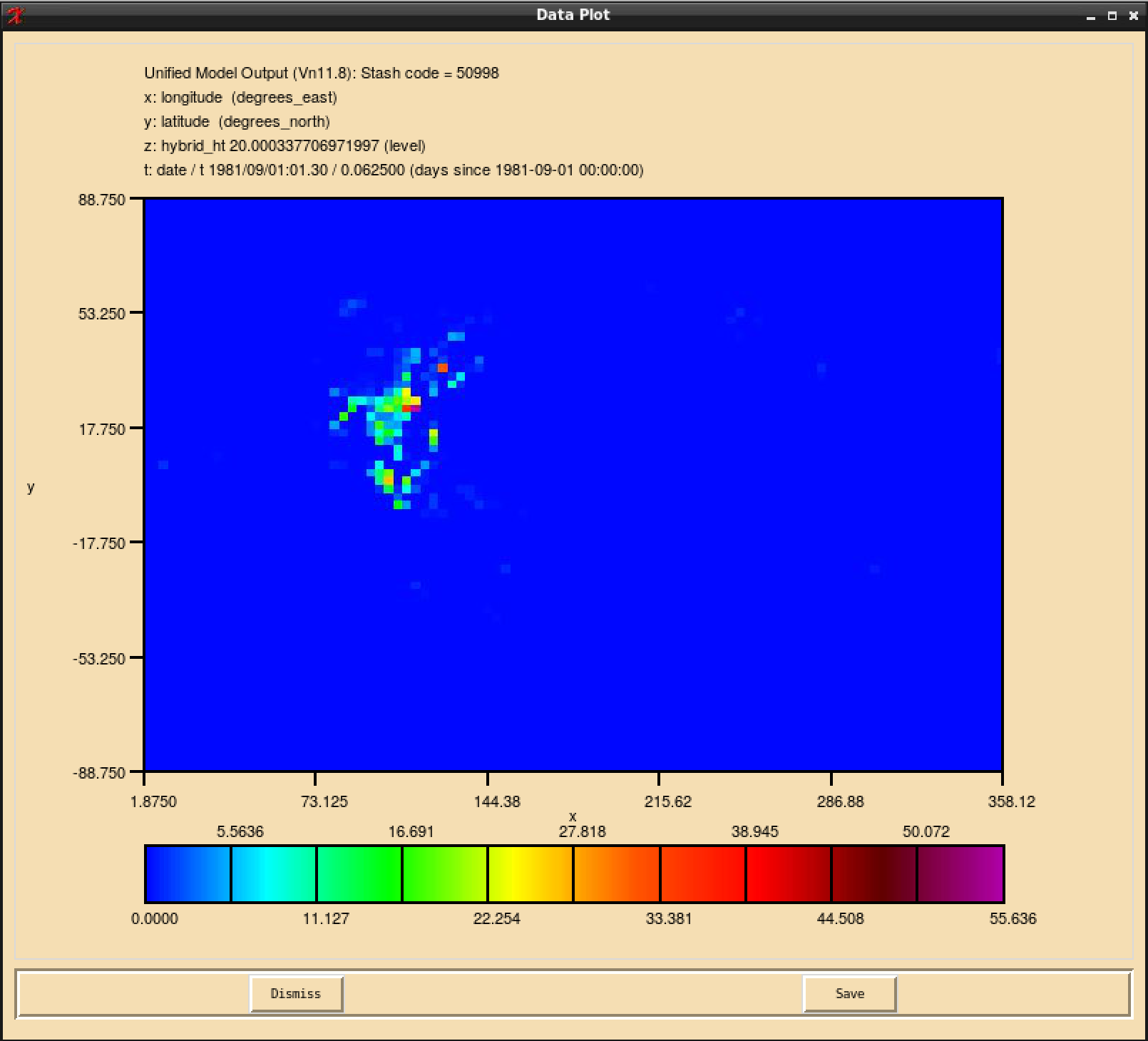 BOB wet deposition flux (s50i998) (mol/s) at the surface (20m)